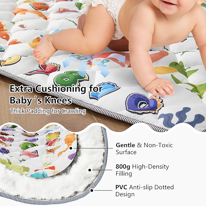 Baby Play Mat for Floor - MORAIS 50x50 Inch with 800g Filling Thickened Crawling Mat for Playpen, Cushioned Playpen Mat with Anti-Slip Bottom and Animal Alphabet (Dinosaur Land)
