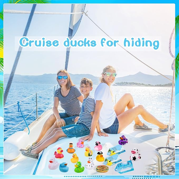 100Pcs Cruise Ducks Tags Kits Includes 30 Cruising Ducks with 30 Cruise Duck Tags & 40 Rubber Bands Assorted Random Rubber Ducks for Cruise Ship Hiding Ducks Easter Basket Stuffers