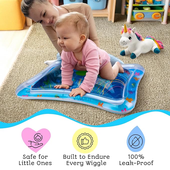 Tummy Time Water Mat – Inflatable Water Play Pad for Babies - Sensory Tummy Time Mat for Floor Play - 100% BPA-Free & Leakproof - Baby, Infants 3-12 Months – PAC3 - Blue - Avec Maman