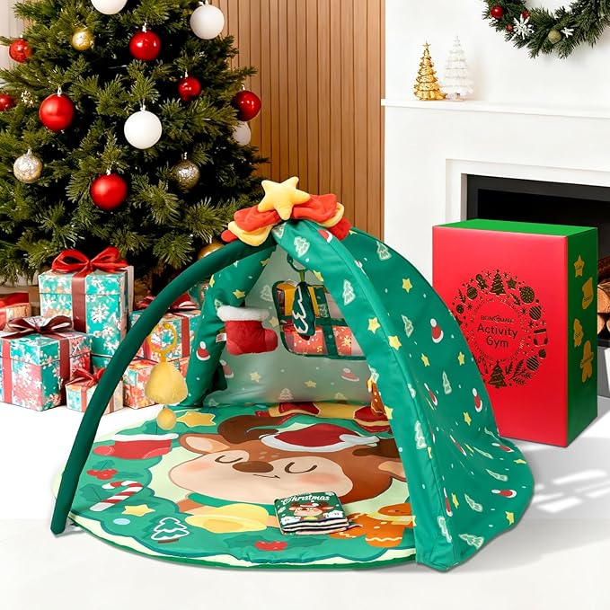 Christmas Baby Play Gym Mat, Softer Tummy Time Mat with 6 Detachable Toys for Sensory & Motor Skill Development, Activity Mat for Newborn Essentials Shower Gift, Oeko-TEX Certified