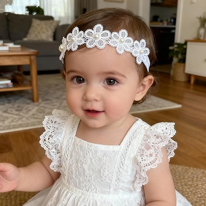 Baby Girls Hairband White Bow Lace Headbands Handmade Soft Stretchy Wide Head Band Newborn Hairbands with Bows Pearls Elastic Headband for Infant Hair Accessories（White Lace Flowers）