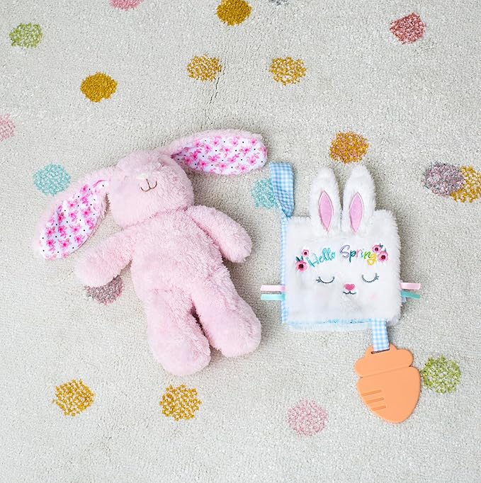 Soft Plush 5 inches Crinkle Activity Book with Teether, Satin Ribbons and Travel Strap, Hello Spring Embroidery, White Bunny, Easter