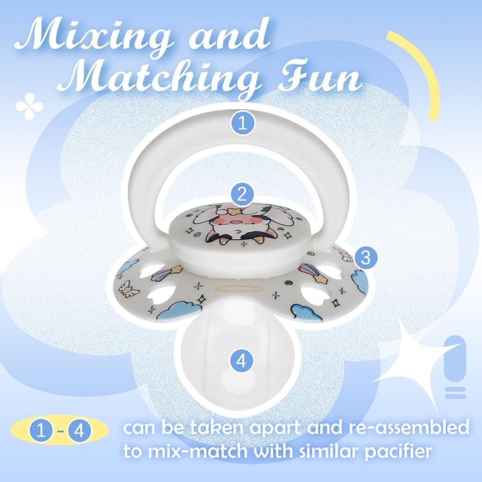 Cute Adult Size Pacifier for Anxiety: Angel Cow Soft Silicone Heart Shaped Paci for Stress Relief and Autism - Bigshield Binky for Sleep Gag Gift with Case White