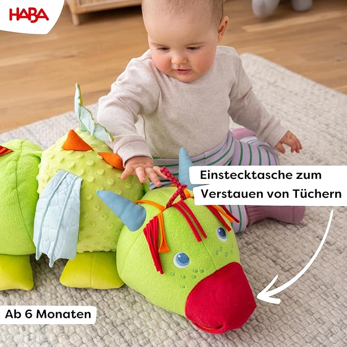 HABA Rudy 2012334001 Soft Toy Dragon with Acoustic and Tactical Elements, Rattle, Squeaker and Mirror, Soft Toy for Children from 6 Months