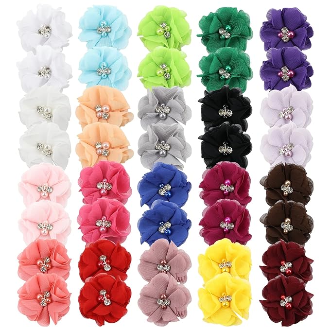 inSowni 40 Pack/20 Pairs 2" Solid Chiffon Flower with Rhinestones Pearls Ponytail Pigtail Alligator Hair Clips Barrettes 2 Inch Small Floral Bows Accessories