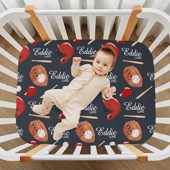 Personalized Pack and Play Sheets with Name, Custom Baseball Theme Baby Mini Crib Sheets for Baby Boys Girls, Name Pack n Play, Fitted Sheet with Name, Soft and Breathable Material