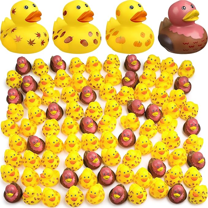 Jerify Thanksgiving Rubber Ducks 2 Inch Fall Rubber Duck with Turkey Leaf Pumpkin Nut Patterns Small Ducks Bathtub Bathing for Holiday Autumn Table Centerpiece Party Supplies, 4 Styles(48 Pcs)