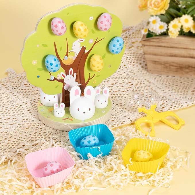 Woodtoe Easter Toys for Toddlers, Magnetic Easter Eggs, Picking Easter Bunny Toy, Montessori Toys for 3 4 5 6 Year Old, Wooden Sensory Color Sorting Toys, Spring Easter Basket Stuffers Gifts for Kids