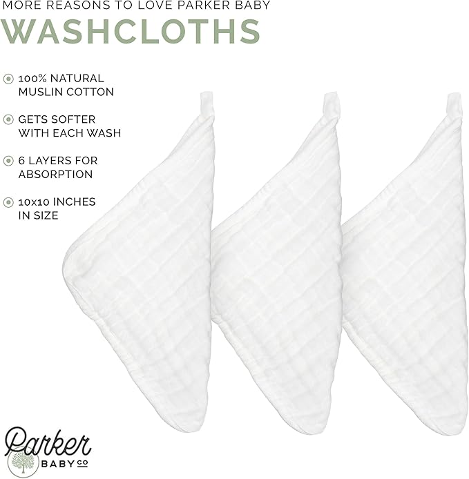 Parker Baby Washcloths - 6 Pack of 100% Cotton Muslin Wash Cloths - Soft, Absorbent and Natural - White