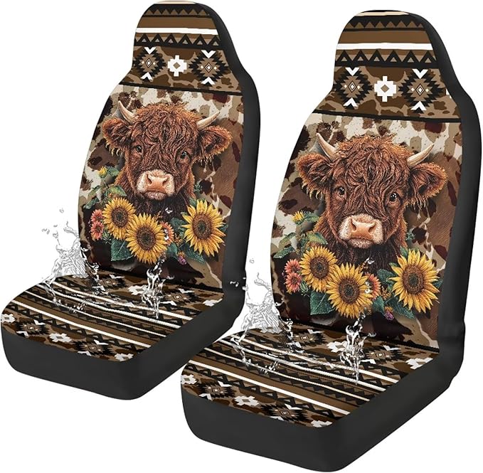 Aztec Highland Cow Car Front Seat Covers Waterproof Universal Front Seat Cover Removable Automotive Accessories Easy Installation Suitable for Cars, SUV and Trucks