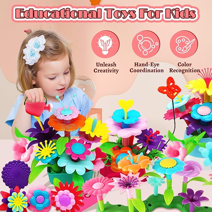 FUNZBO 109pcs Flower Garden Building Toy Set - Spring Toys for 3 4 5 6 7 Years Old Girl, STEM Montessori Educational Toy for Kid Toddler, Sorting & Stacking Building Block Birthday Gift for Girls