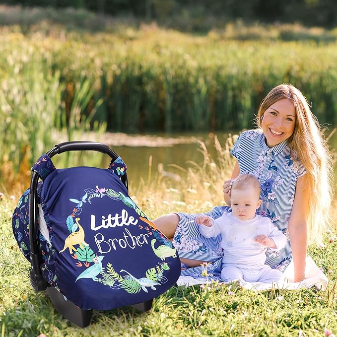 Car Seat Covers for Babies Boys, Little Brother Infant Carseat Canopy, Stretchy Newborn Stroller Carrier Cover, Dinosaur
