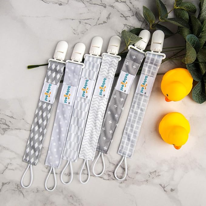 babygoal Neutral Grey Pacifier Clips, 6 Pack Binky Paci Holder Clip Leashes Fits for Most Baby Pacifiers and Binkies