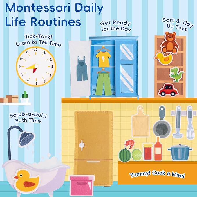 Busy Book for Toddlers - Montessori Sensory Toys for Boys & Girls Preschool Learning, 8-Page Felt Quiet Activity Board for Fine Motor Skills, Travel Toys for Airplane Car Games (House Theme)