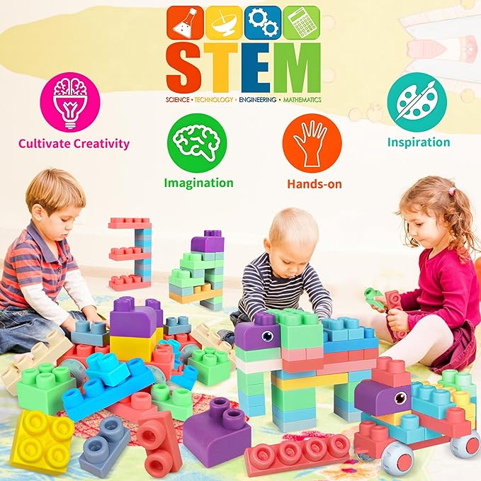 100PCS Baby Blocks Set with Storage Bucket, Building Block Toys STEM Educational Toddler Gifts, Rubber Soft Blocks for Preschool, Sensory Stacking Toys to Improve Creativity