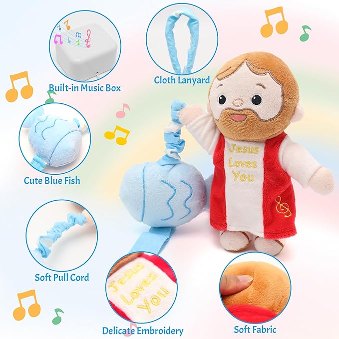Yelakey Baby Jesus Musical Hanging Plush Toy with Lullaby Music Box Sensory Crib Toy for Newborn Baptism First Birthday Gift