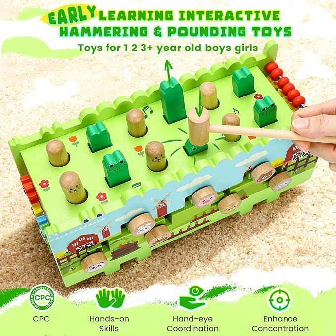 Wooden Activity Cube Montessori Toys for 12+ Months Baby Boys Girls | Hammering Pounding Toys with Abacus, Educational Toddler Activities Toys with Xylophone (Crocodile)