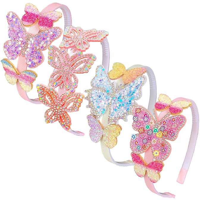 ELEMIRSA 4-Piece Butterfly Hair Hoops and Headbands for Girls, Teens, Toddlers, and Kids - Party Hair Accessories