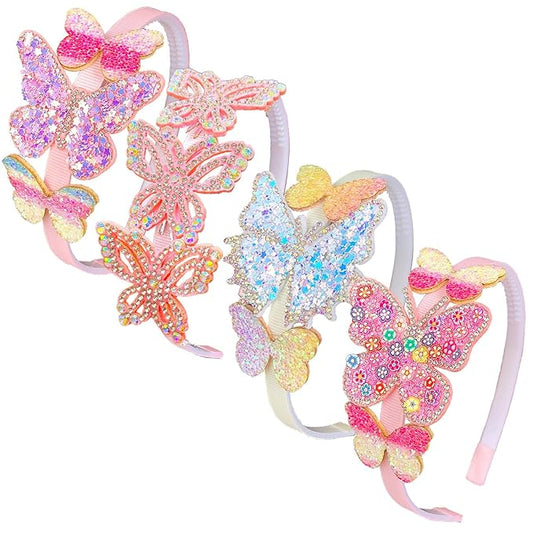 ELEMIRSA 4-Piece Butterfly Hair Hoops and Headbands for Girls, Teens, Toddlers, and Kids - Party Hair Accessories