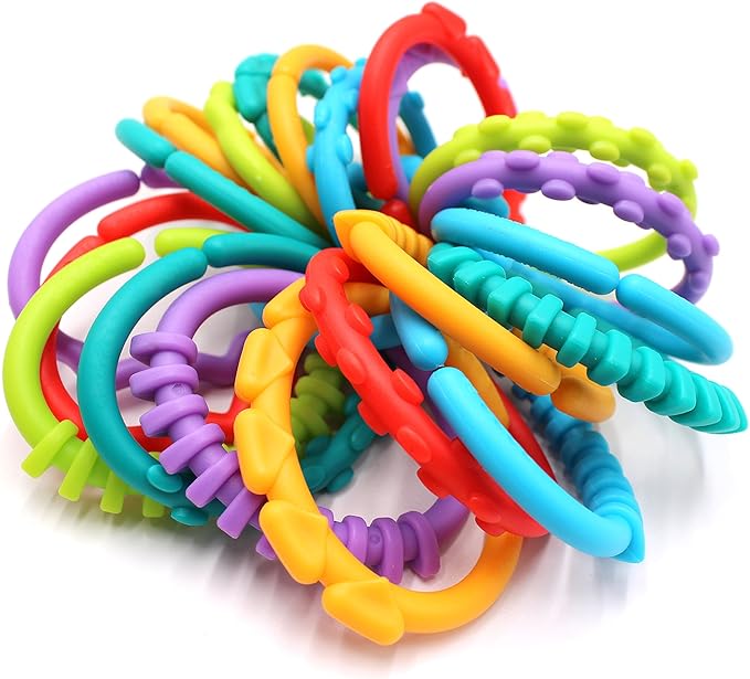 24 Pack Baby Teether Rings Links Toys Colorful Round Connecting Ring for Rattle Strollers Car Seat Travel Toys - Suit for Baby, Infant, Newborn, Kids(Rainbow Colors)