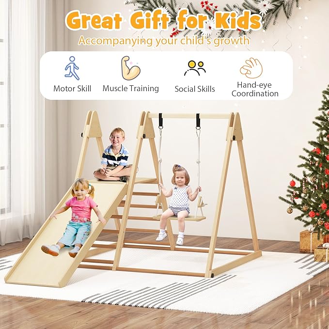 HONEY JOY Kids Indoor Jungle Gym, Large 5-in-1 Playground Climber Playset with Baby Swing, Slide Ramp, Ladder & Climbing Wall, Foldable Wooden Montessori Waldorf Play Gym, Climbing Toys for Toddlers