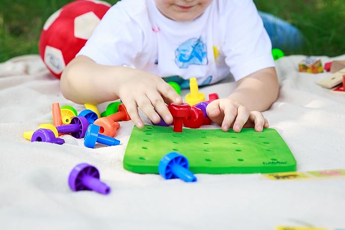 Toddler Peg Board Sensory Montessori Fine Motor Skills Educational Toys - 30 Stackable Pegs + Pattern Card + Drawstring Backpack + E-Book