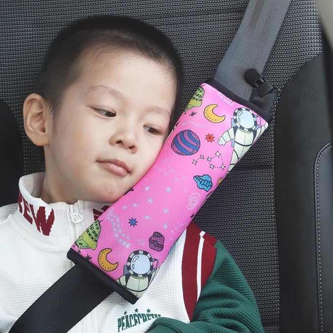 Car Seat Belt Pillow for Kids with Clips,Seat Strap Belt Covers Pad Cushion,Car Seatbelt Cover Pillows for Toddlers (Space Pink)