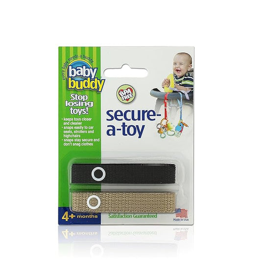 Baby Buddy Secure-a-Toy, Adjustable Pacifier and Teether Strap for Stroller, Highchair, and Car Seat, Black Tan, 2 Pack