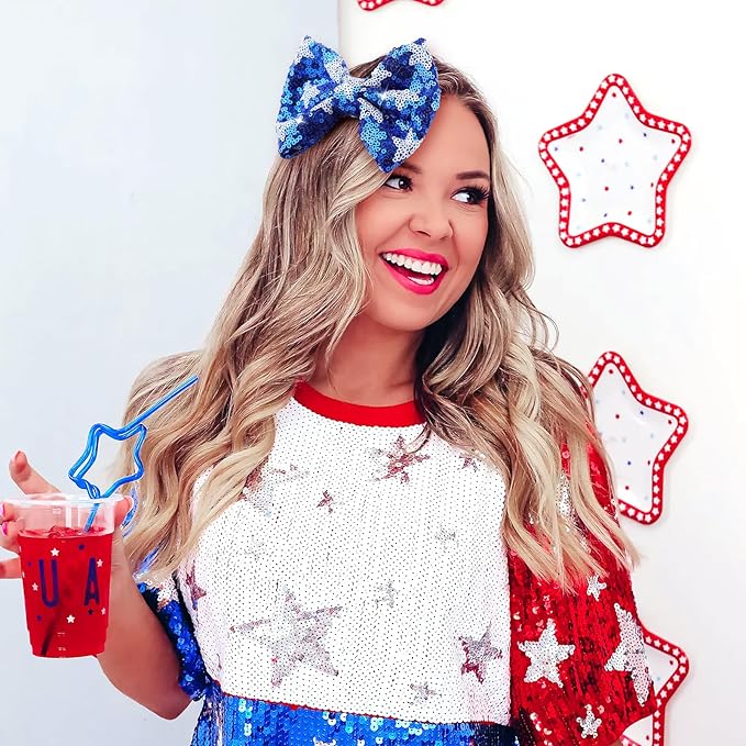 4th of July Hair Bows Clips Blue Glitter Girls Hair Accessories Little Baby Alligator Clips Hair Barrettes for Kids Sparkly Cheer Hair Ribbon Teens Gift Bling USA Flag Hairpin