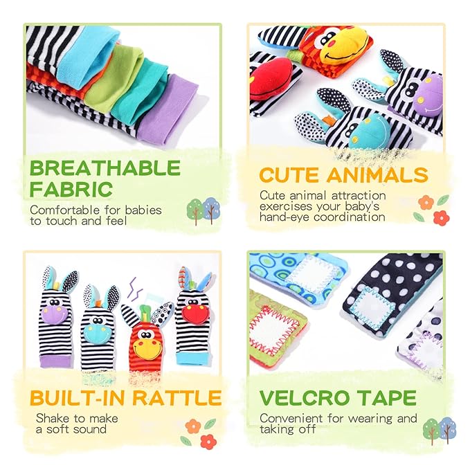 Baby Rattle Socks Set, Hand and Foot Finder Rattles Toys for Babies 0-6 Months, Infant Shower Gifts Set with Wrist Rattle Socks, Newborn Sensory Toy for Boys Girls 0-12 Months