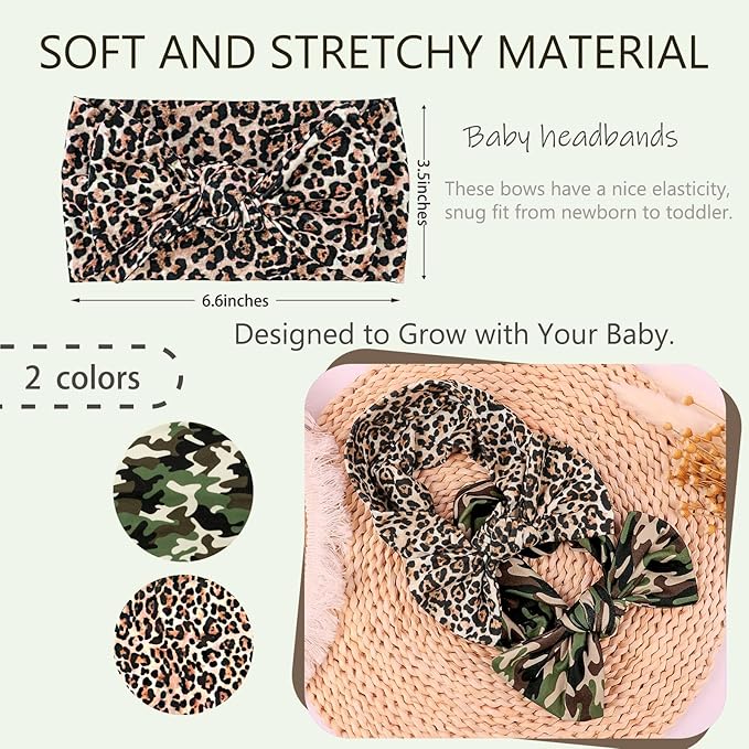 LemonSpce Handmade Baby Head wrap with Bows Stretchy Soft Infant Comfortable Baby Bow for Newborn girls and boys,Toddler-Leopard Camo Printed Hair Accessories