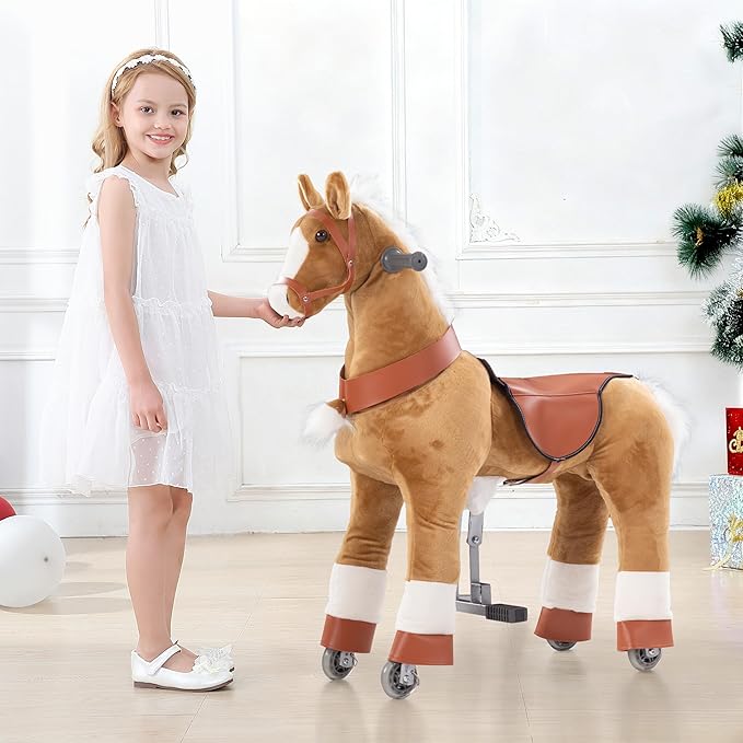 Ride on Horse Toys, Kids Riding Horse Toys Ride on Toys for 3-5 Years Old, Premium Plush Animals Toys Walking Horse with Wheels (Brown, 29.92" L x 9.84" W x 31.12" H)