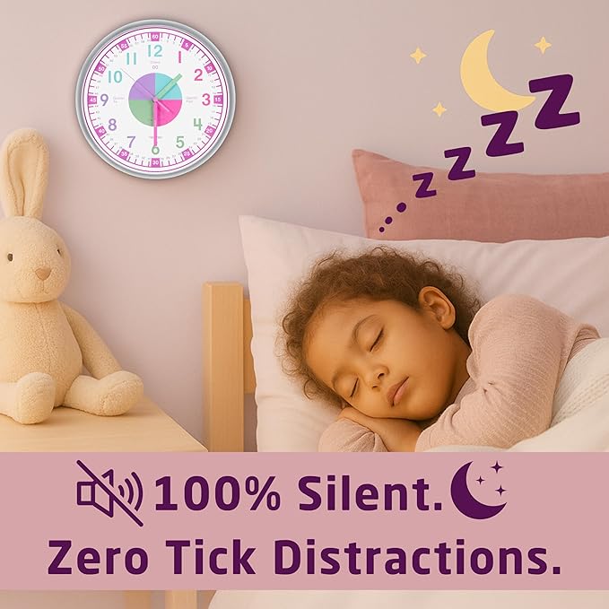 OWLCONIC Clock for Kids – Educational Analog Learning Wall Clock, Non Ticking Teaching Clock for Classroom & Homeschool, Silent Kids Bedroom Décor Pastel Pink