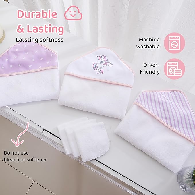 Mooreeke Baby Towel with Hood for Girls Purple Unicorn Bath Towel for Babies Ultra Soft Absorbent 3 PCS Baby Towels and 3 PCS Washcloths for Newborn Essentials