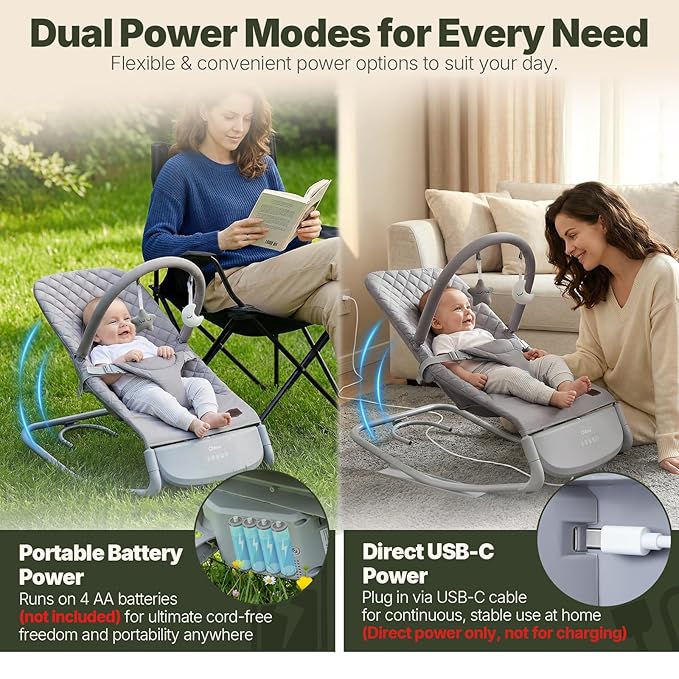Orzbow Electric Baby Bouncer & Rocker with Innovative Auto Rocking Motion, Adaptable 3-Speed, Smart Tap Sensing, Soothing Sounds, and 3 Recline Positions, 2-in-1 Automatic Baby Rocker Chair, Grey