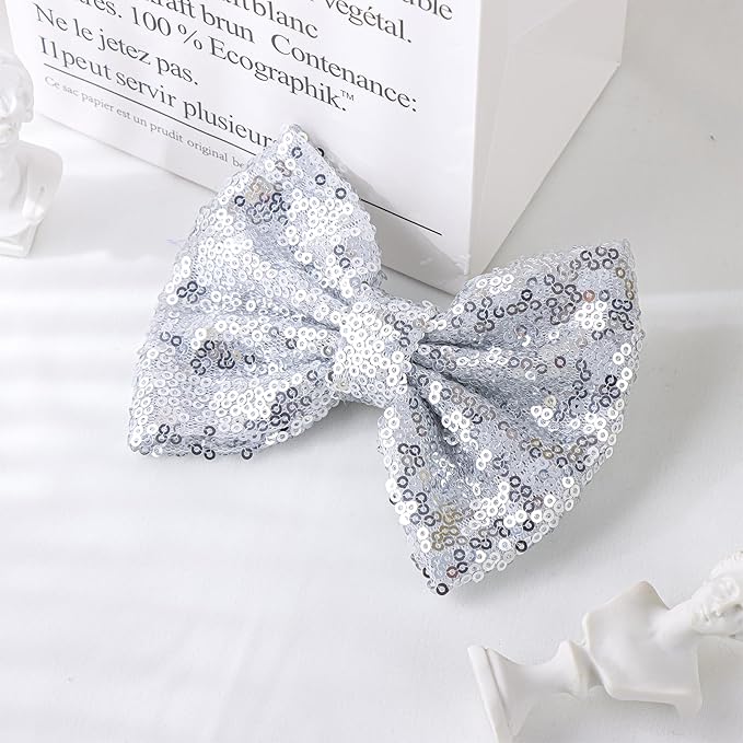 Hair Accessories: Sequins Alligator Clips, Large Bows for Toddlers, Teens, Women - 5 Inches, Sliver Gift Set