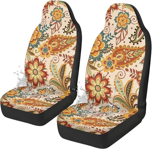 Boho Floral Car Seat Covers 2 Pcs Stretch Polyester Fabric Cover Waterproof Car Seat Cover Easy Installation Universal Size Fit for Most Cars SUVs Trucks Vans