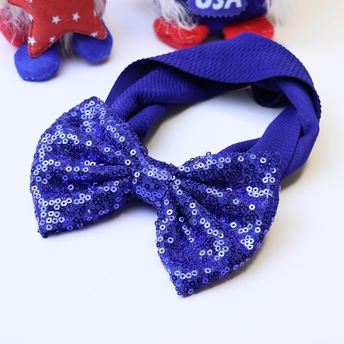 4th of July Baby Girl Accessories - Red Sequin Bow Headband, Blue Elastic Wide Hairbands for Newborns, Toddlers, Infants Gift