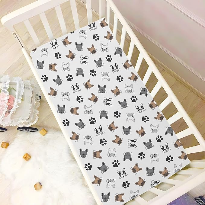 Fitted Crib Sheets Dog French Bulldog Pug Dog Paw Stretchy Portable Playard Sheets for Baby Toddler, Breathable Soft Mini Crib Mattress 39 x 27 in for Boys and Girls