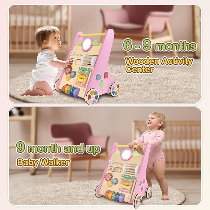 Baby Walker with Wheels, Wooden Push Walker Toys for Babies 10-12 Months, Baby Girl Walking Activity Toys for 1 Year Old