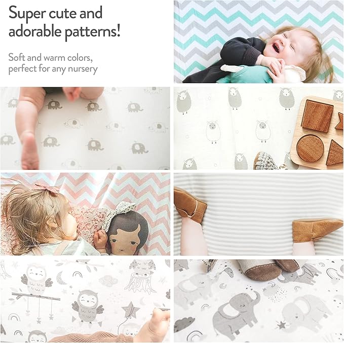 Cuddly Cubs Pack n Play Sheets | 2 Pack Playard Sheet for Baby Girl and Boy | Pure Jersey Cotton Unisex Mini Portable Crib Sheets | Sheep and Stripe in Grey | Compatible with Graco Pack and Play