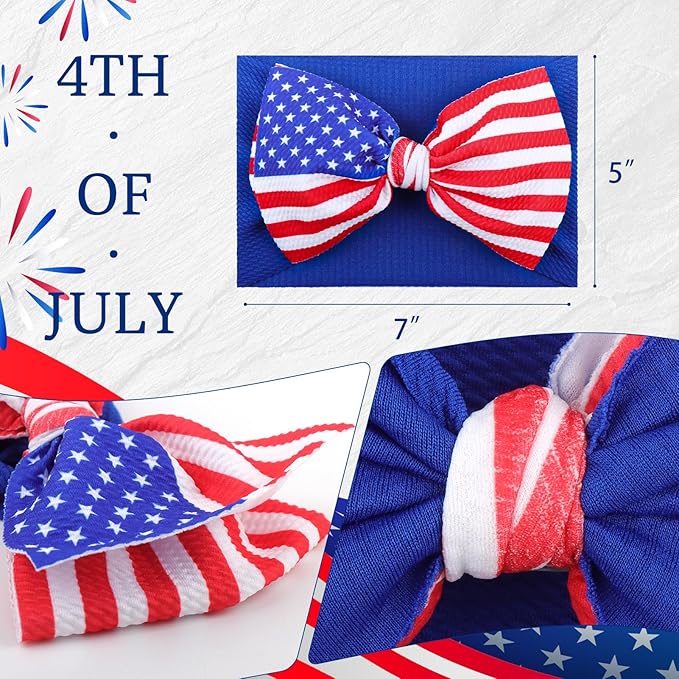 Patriotic Hairband - American Flag Headband with Red, White and Blue Nylon Bows for Baby Girls, Toddlers - Fourth of July Accessories