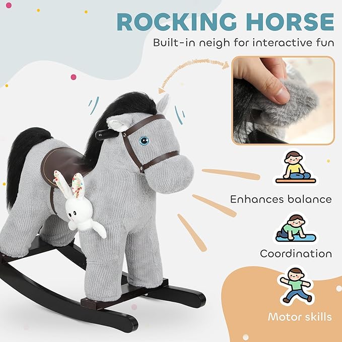 Qaba Rocking Horse, Kids Plush Animal Rocker with Realistic Neighing Sound for Toddlers 2–5 Years Old, Soft Filling Ride on Horse with Rabbit Toy, Gray