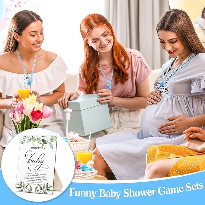 Geetery 51 Pcs Don't Say Baby Game Sign Greenery Cool Baby Shower Game 50 Pacifier Necklace Wooden Don't Say Sign Plastic Pacifier Party Favor for Gender Reveal(Greenery,Blue)