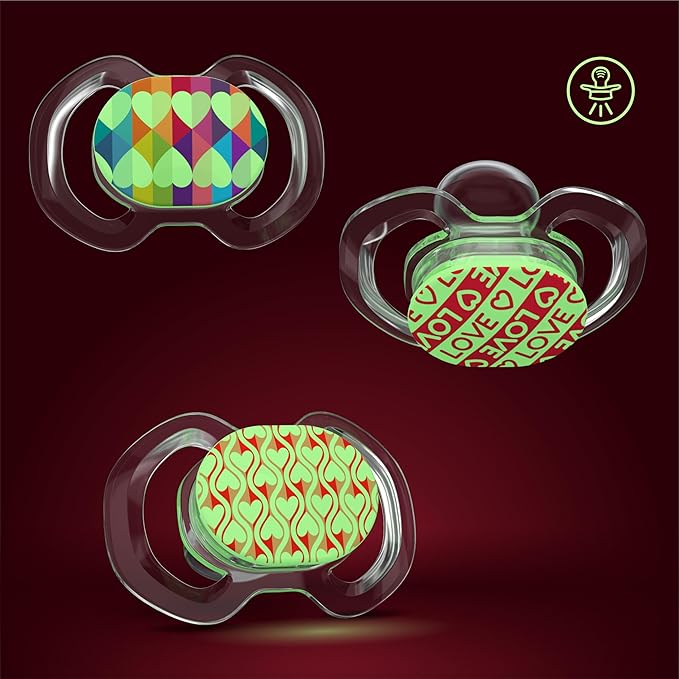 Smilo Baby Pacifier - 3 Pack of Slimline Pacifiers for Babies - Stage 3 for Babies 9+ Months - 100% Silicone Pacifier and BPA Free - Glow in The Dark - Valentine's Day Love Edition
