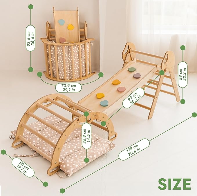 Goodevas 5-in-1 Toddler Climbing Toys Indoor Set - Pikler Triangle, Climbing Arch, Balance Cushion, Montessori Climbing Gym for Toddlers 1-3, Foldable Wooden Baby Activity Center, Jungle Gym for Kids