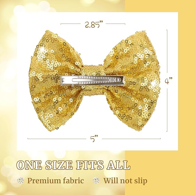 Hair Bows for Girls - Alligator Hair Clips, Sequin Big Bows for Babies, Toddlers, and Teens - Gold Bow Hair Accessories