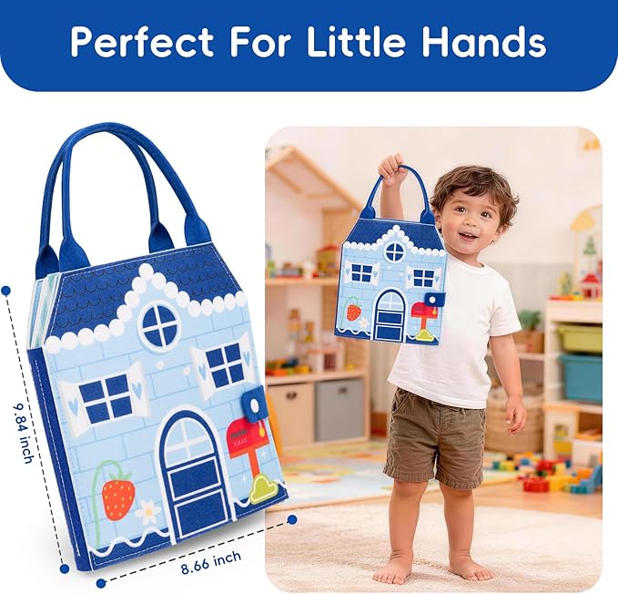 Busy Book for Toddlers - Montessori Sensory Toys for Boys & Girls Preschool Learning, 8-Page Felt Quiet Activity Board for Fine Motor Skills, Travel Toys for Airplane Car Games (House Theme)