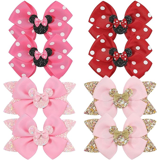 Ayesha 8pcs Mouse Ears Bow Clips for Toddler Girls Mouse Hair Bows Hair Clips Polka Dot Bows for Birthday Parties Themed Parks
