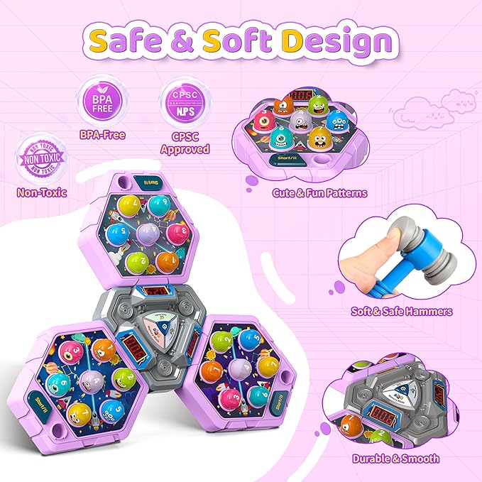 Whack Mole Game for Toddlers, Toys for 3-12 Year Old Girls Boys, Interactive Educational Multiplayer Toys with 3 Modes & 3 Hammers, Sound & Light, Birthday Xmas Gifts for 3 4 5 6+ Year Old Girls Boys